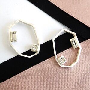 Modern, Chic Medium Silver Geometric Earrings, Crystals, Joidart Barcelona NWT